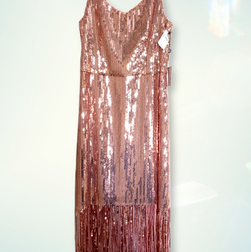 Rose Gold Sequin Fringe Midi Dress sequin dresses with fringe
